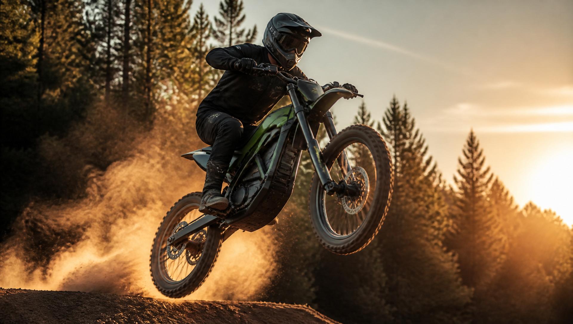 Rider launching an electric dirt bike off a jump at golden hour